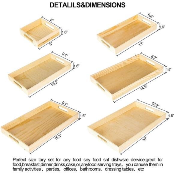 7PCS Wooden Nested Serving Trays Set - Rectangular Shape Unfinished Wood Trays - Picture 3 of 6